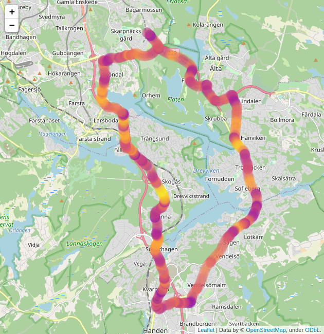 Karta med rundan hastighet plottad