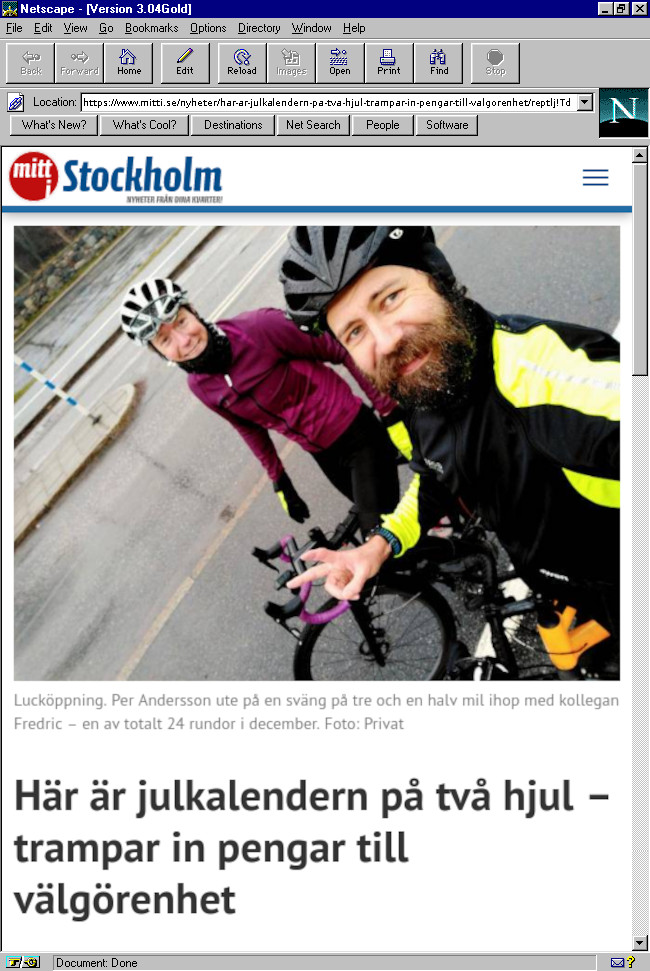 Netscape Navigator Gold 3.04 Gold med skärmdump av artikel med bild på Fredric och Per från mitti.se