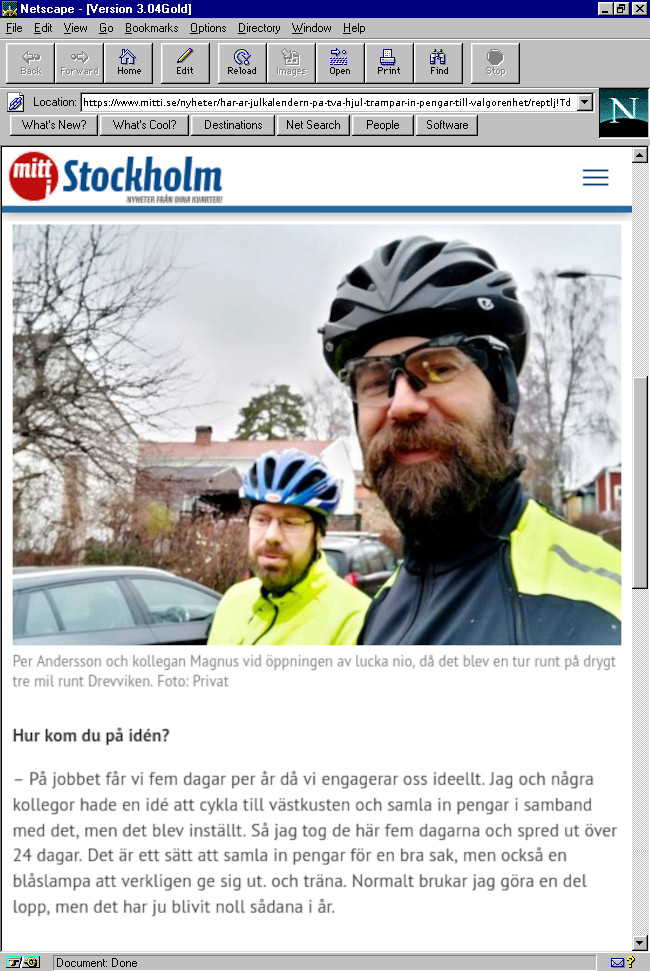 Netscape Navigator Gold 3.04 Gold med skärmdump av artikel med bild av Magnus och Per från mitti.se