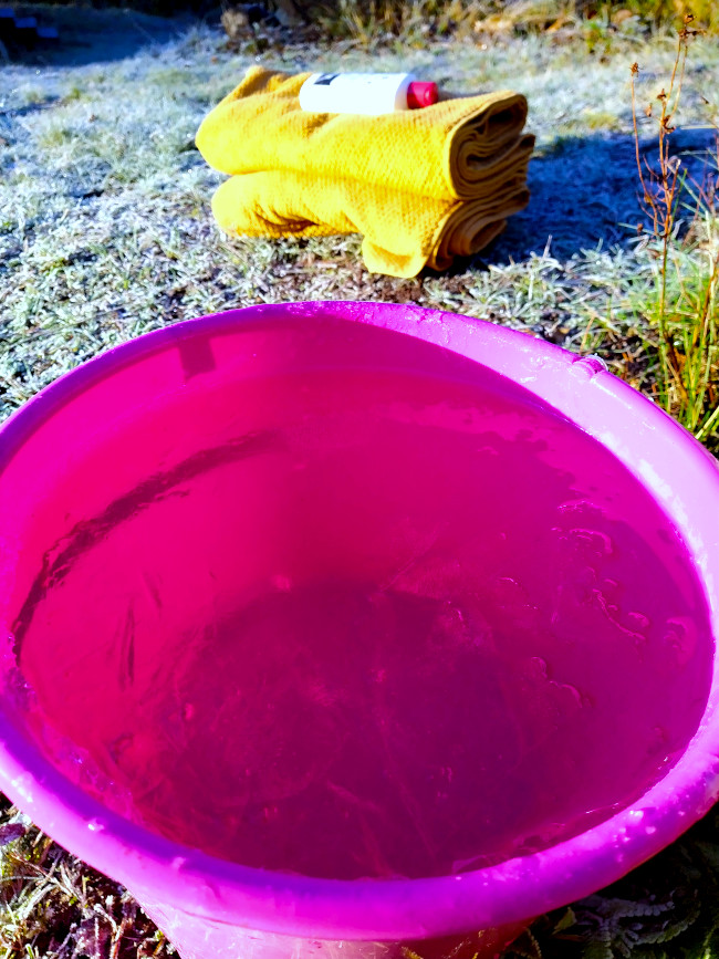 Rosa hink med fruset vatten med vikta handdukar och duschtvål i bakgrunden